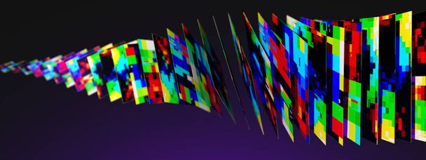 Digitale Farbpixel in Form quadratischer dünner Dateien befinden sich in der Ferne wie Karten, die in die Ferne fliegen und verschwimmen. 3D Illustration, 3D Rendering. - Foto, Bild