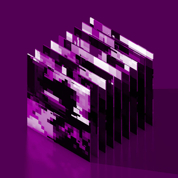 Digitale Pixel oder Pannen in Form quadratischer dünner lila-farbener Dateien befinden sich in einer isometrischen Ansicht mit Schatten in einiger Entfernung. 3D Illustration, 3D Rendering. - Foto, Bild
