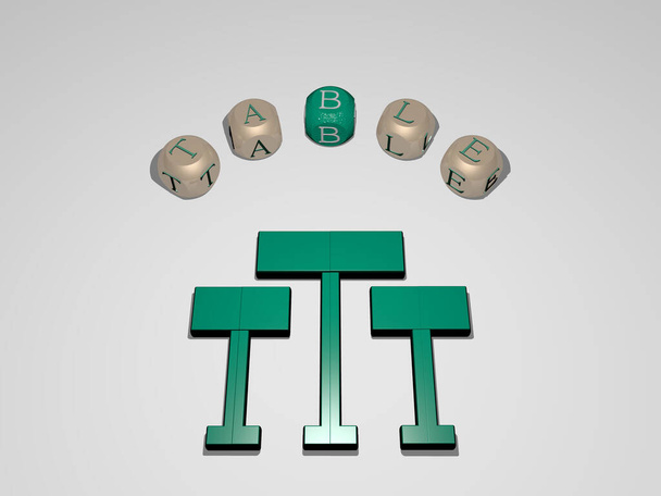 TABEL ronde tekst van afzonderlijke letters rond het 3D icoon - 3D illustratie voor achtergrond en houten - Foto, afbeelding