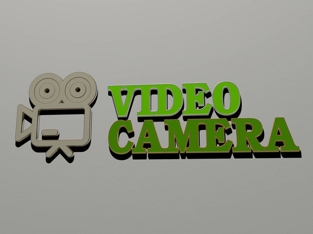 VIDEO CÁMARA icono y texto en la pared - Ilustración 3D para fondo y juego - Foto, imagen