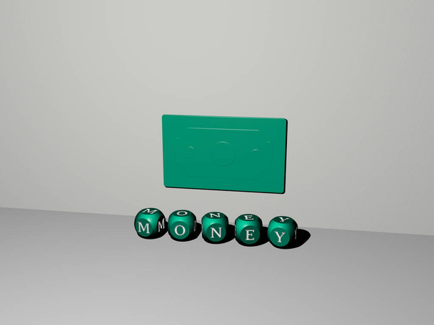 Иконка MONEY 3D на стене и текст кубических букв на полу - трехмерная иллюстрация для бизнеса и концепции - Фото, изображение