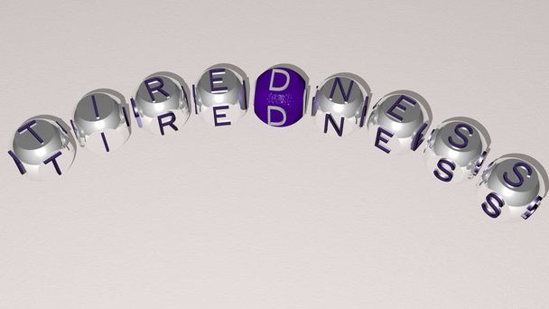 Müdigkeit gekrümmter Text von Würfelbuchstaben - 3D-Illustration - Foto, Bild