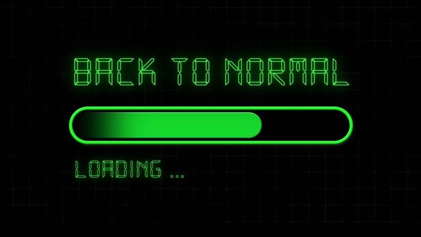 BACK TO NORMAL leping - загрузка индикатора прогресса перед черным фоном - буквы и графические элементы в зеленом цвете - 3D иллюстрация - Фото, изображение