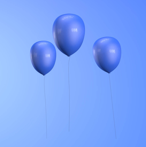 Trzy niebieskie balony na niebieskim tle. Ilustracja 3D, renderowanie 3D. - Zdjęcie, obraz