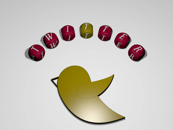 TWITTER icoon omringd door de tekst van individuele letters - 3D illustratie voor social media - Foto, afbeelding