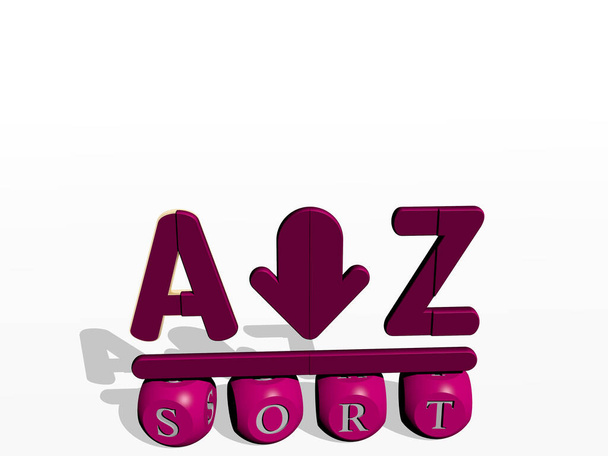 SORT kubische Buchstaben mit 3D-Symbol oben - 3D-Illustration für Hintergrund und Konzept - Foto, Bild