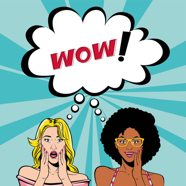 retro afro y rubio pelo mujeres dibujos animados con wow burbuja vector diseño - Vector, Imagen