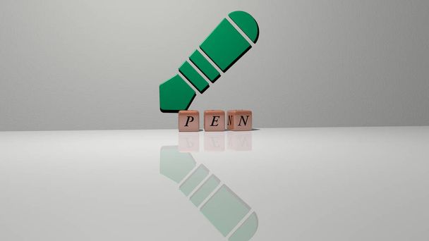 pen text of cubic dice letters on the floor and 3D icon on the wall - 3D illustration for background and business - Photo, Image