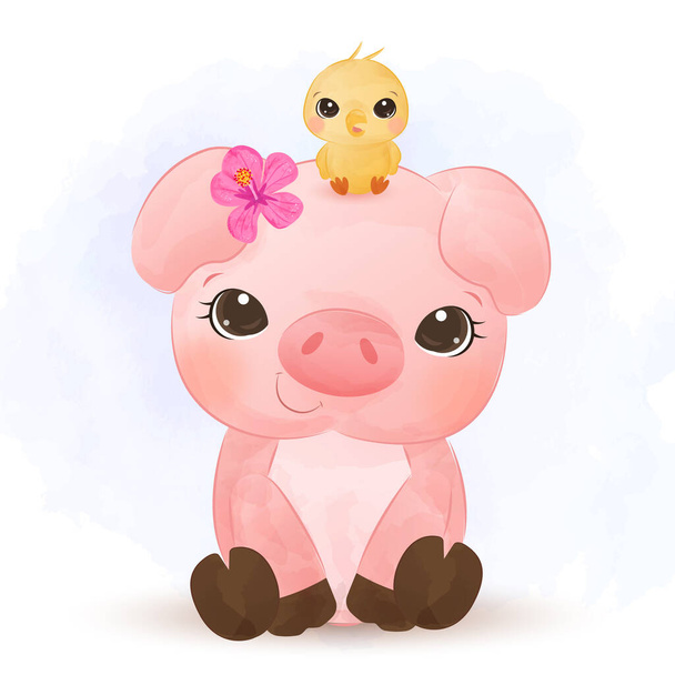 ilustración de animales de granja lindo, clip-arte de animales, decoración de la ducha del bebé, ilustración de acuarela. - Vector, imagen