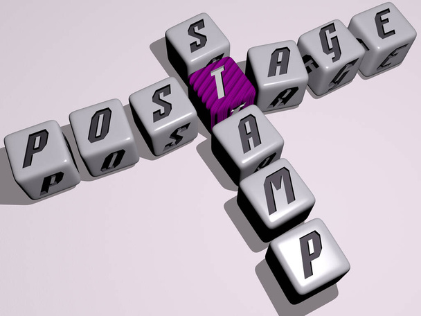 POSTAGE STAMP σταυρόλεξο με κυβικά γράμματα ζάρια - 3D εικονογράφηση για περίπου και σύνταξη - Φωτογραφία, εικόνα