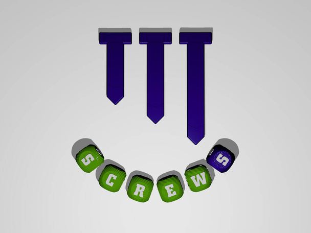 SCREWS text around the 3D icon - 3D illustration for background and metal - Photo, Image