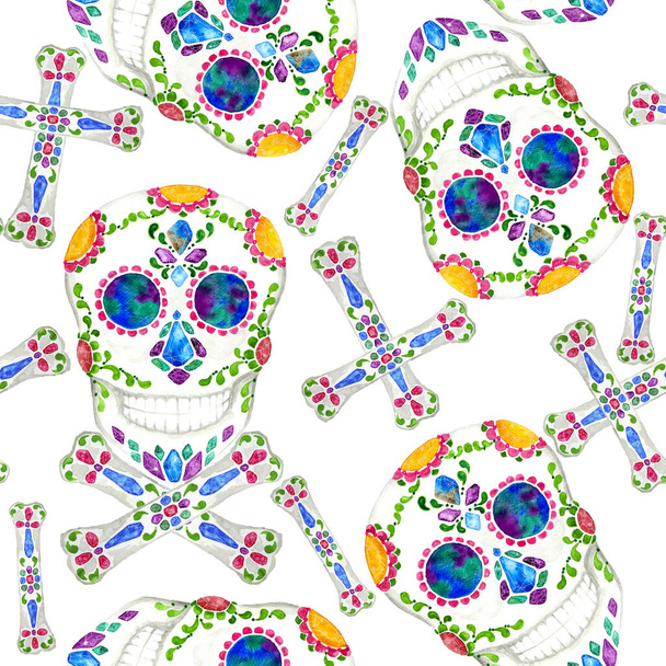 Skull head with jewelry rood seamless repeat pattern, illustration watercolor painting on white background and clipping path, element for fabric textile printed  - Photo, Image