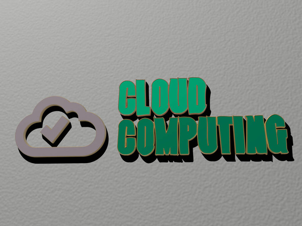 cloud computing icon and text on the wall - 3D illustration for background and blue - Photo, Image