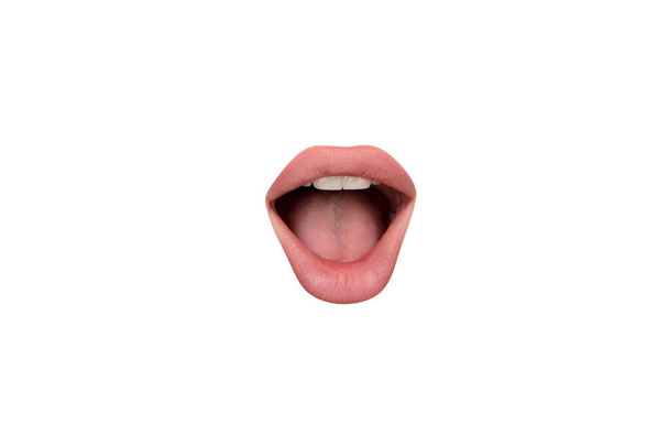 Close up view of female mouth wearing nude lipstick isolated over white studio background - Photo, image