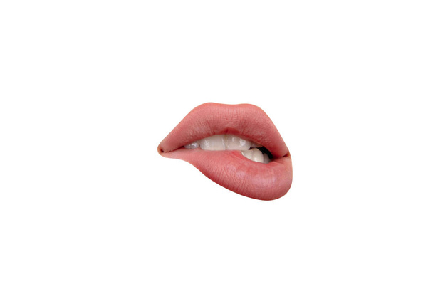 Close up view of female mouth wearing nude lipstick isolated over white studio background - Foto, Imagen