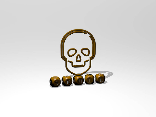schedel 3D icoon over kubieke letters - 3D illustratie voor achtergrond en zwart - Foto, afbeelding
