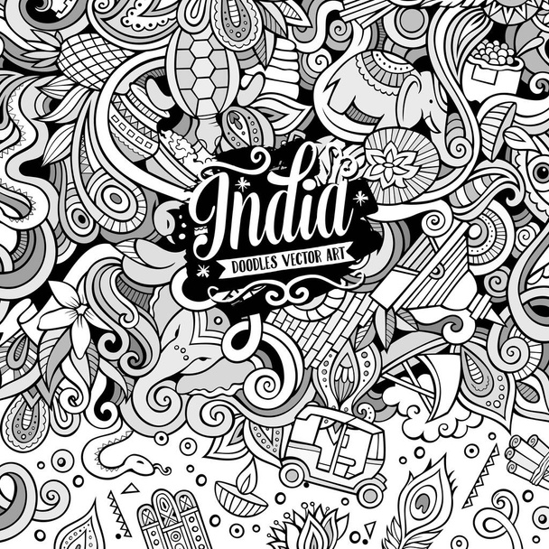 Sarjakuva käsin piirretty doodles Intia kuva. Line taidetta runko yksityiskohtainen, jossa on paljon esineitä vektori suunnittelu tausta - Vektori, kuva