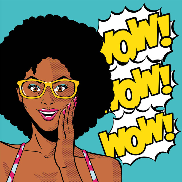 retro negro afro mujer de dibujos animados con gafas y wow explosión vector de diseño - Vector, imagen