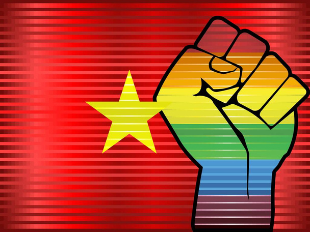 Fényes LMBT tiltakozó ököl egy vietnami lobogó - Illusztráció, Absztrakt grunge Vietnam Flag és LMBT zászló - Vektor, kép