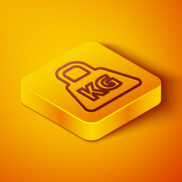 Isometric line Weight icon isolated on orange background. Kilogram weight block for weight lifting and scale. Mass symbol. Yellow square button. Vector Illustration. - Vector, Image