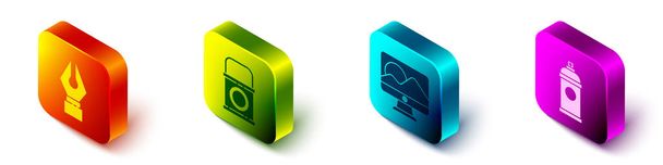 Set Isometric Fountain pen nib, Paint bucket, Computer monitor screen and Paint spray can icon. Vector. - Vector, Image