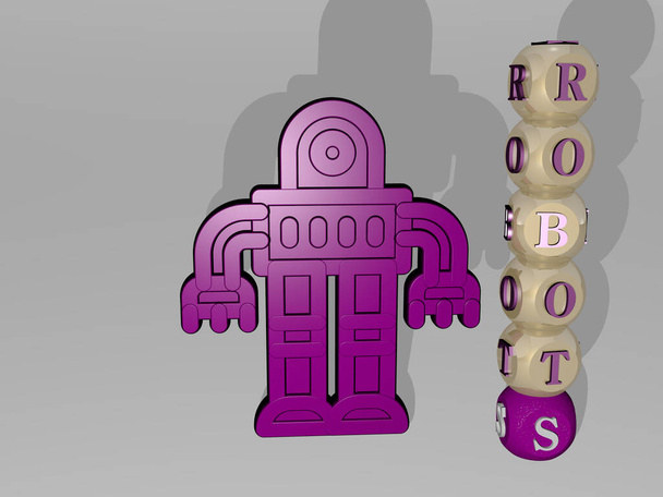 個々の文字の垂直テキストの横にROBOTS 3Dアイコン-人工的および概念のための3Dイラスト - 写真・画像