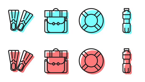 Set line Lifebuoy, Rubber flippers, Hiking backpack and Bottle of water icon. Vector. - Vector, Image