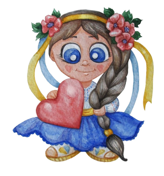 lindas ilustraciones acuarela. Chica ucraniana en vestido nacional con un corazón escarlata en sus manos. En la cabeza hay una corona con flores y cintas un peinado. Dibujo a mano acuarela - Foto, imagen