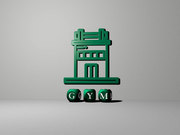 GYM 3D icon on the wall and text of cubic alphabets on the floor - 3D illustration for fitness and exercise - Photo, Image