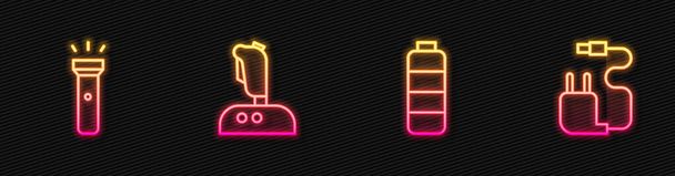 Set line Batterieladestandsanzeige, Taschenlampe, Joystick für Arcade-Maschine und Ladegerät. Leuchtende Leuchtschrift. Vektor. - Vektor, Bild