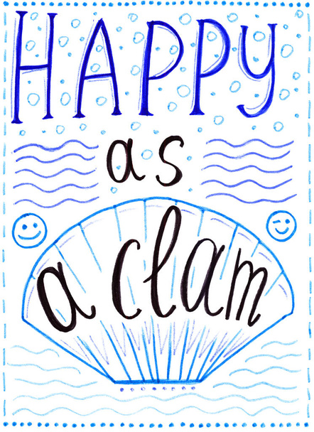 Funny summer quote, vector illustration. Happy as a clam quote, hand drawn text, decorative dots, great for prints, typography and summer graphic design - Photo, Image