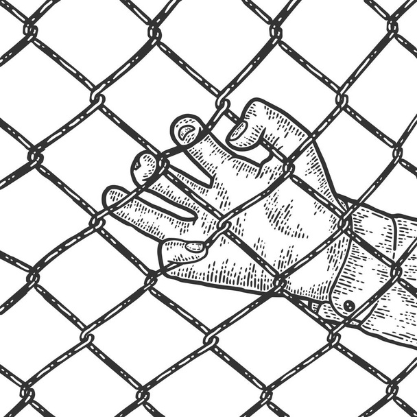 Close up of the fingers of a man hand on a metal fence - Vector, Image