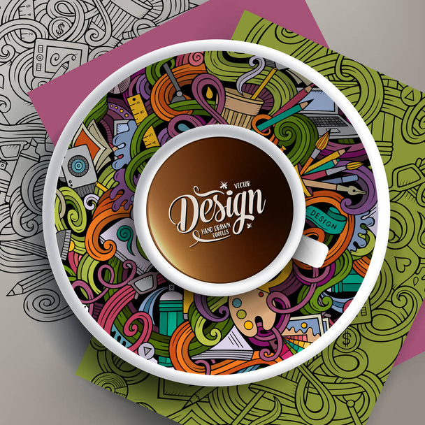 Illustrazione vettoriale con una tazza di caffè e scarabocchi di design disegnati a mano su un piattino, su carta e sullo sfondo - Vettoriali, immagini