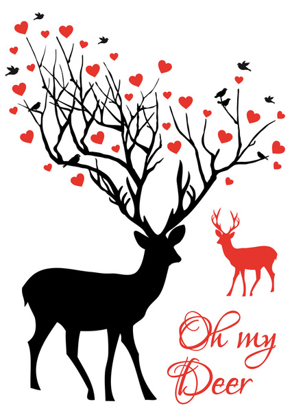 Deer couple with red hearts, vector - Vector, Image