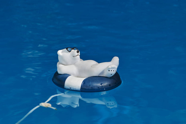 Διακόσμηση πισίνας με τη μορφή χαλαρής αρκούδας κολύμβησης με γυαλιά ηλίου και δαχτυλίδι κολύμβησης σε καταγάλανα νερά. - Φωτογραφία, εικόνα
