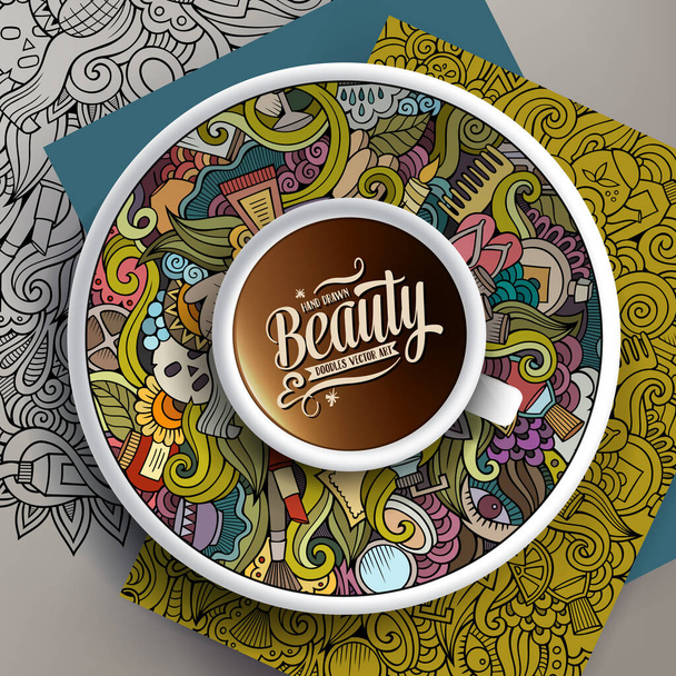 Illustrazione vettoriale con una tazza di caffè e scarabocchi cosmetici disegnati a mano su un piattino, carta e sfondo - Vettoriali, immagini