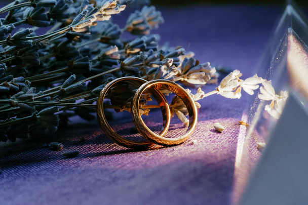anillos de boda sobre fondo púrpura - Foto, Imagen