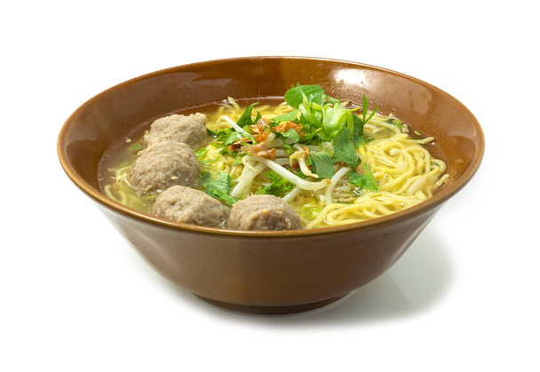 Egg Noodles with Tendon Beef Balls in clear Soup ontop spring onion,crispy galic and vegetables. Asian Bowl Noodles Thai style cooking sideview - Photo, Image