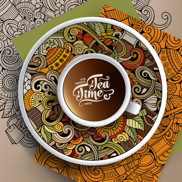 Illustrazione vettoriale con una tazza di caffè e scarabocchi disegnati a mano Tea time su un piattino, sulla carta e sullo sfondo - Vettoriali, immagini