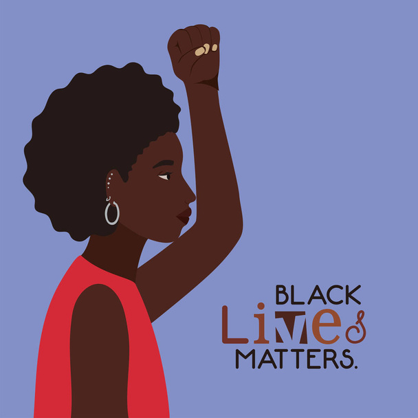 Černá afro žena karikatura s pěstí nahoru v bočním pohledu s černými životy záležitosti text vektor design - Vektor, obrázek