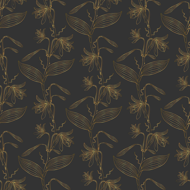 Golden floral seamless pattern with hand drawn vannilla orchid flowers on black background. Stock vector illustration. - Vektor, Bild