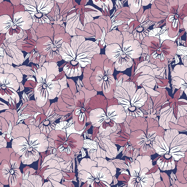 Violet floral seamless pattern with hand drawn pansy flowers on blue background. Stock vector illustration. - Вектор,изображение