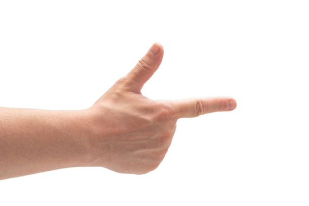 Mann Hand zeigt oder berührt isoliert auf weißem Hintergrund.  - Foto, Bild