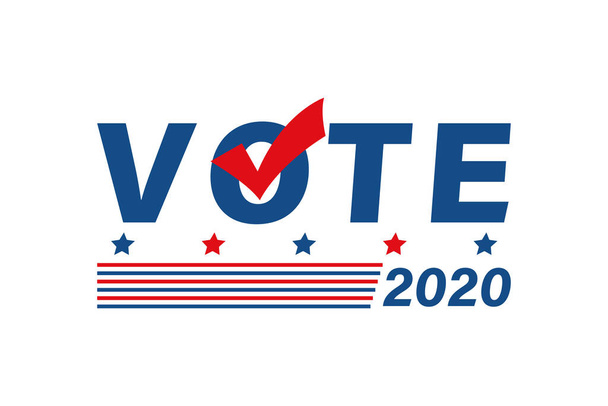 Äänestä 2020 Yhdysvaltain poliittisessa julisteessa. Tasainen isänmaallinen värit banneri säleet ja tarkastusmerkki. Äänestyskampanja vektori logo kuva - Vektori, kuva
