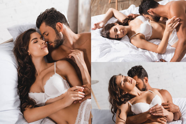 kolaż sexy mężczyzna całuje i obejmując dziewczyna na łóżko   - Zdjęcie, obraz