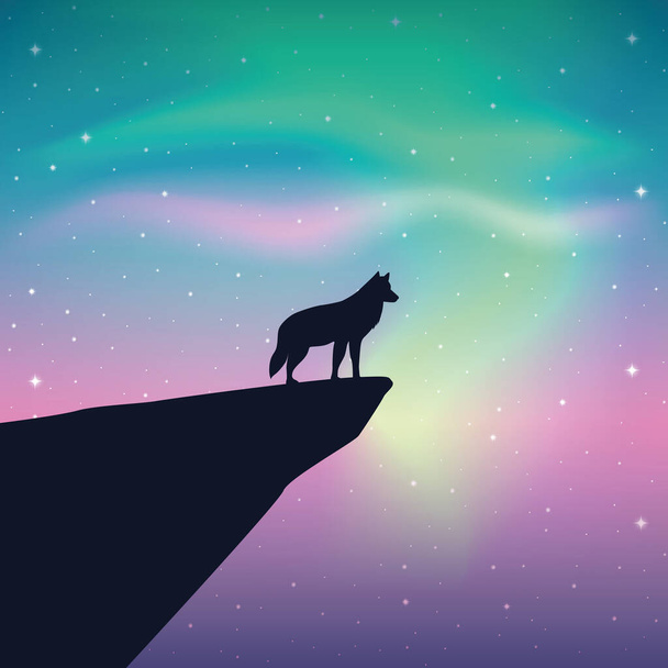 villieläinten susi näyttää värikäs tähtitaivaalla aurora borealis - Vektori, kuva