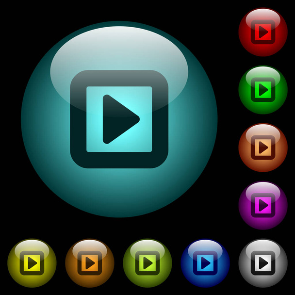 Attiva le icone a destra in pulsanti di vetro sferici illuminati a colori su sfondo nero. Può essere utilizzato per modelli neri o scuri - Vettoriali, immagini