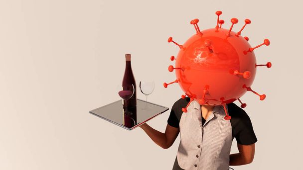 Концепция или концептуальная 3D иллюстрация официантки, подающей напитки и коронавирус на бежевом фоне в качестве метафоры для изменения ресторанной индустрии и образа жизни во время изоляции - Фото, изображение