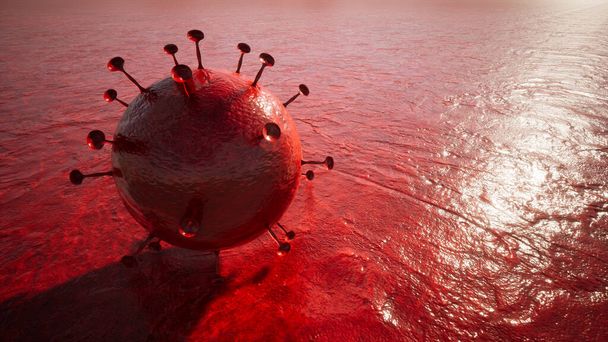 世界的な流行への警告とこの致命的な感染性呼吸器疾患の伝播の危険性として、概念または概念的な赤い背景にコロナウイルスの3Dイラスト - 写真・画像