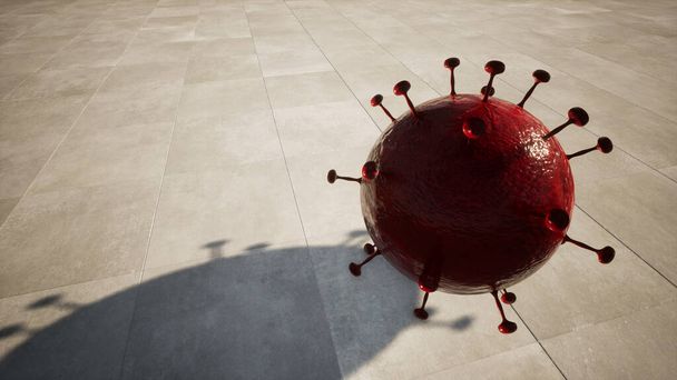 Concept of conceptuele rode 3D-illustratie van het coronavirus op keramische vloerachtergrond als waarschuwing voor een wereldwijde uitbraak en het gevaar van overdracht van deze dodelijke infectieuze ademhalingsziekte - Foto, afbeelding